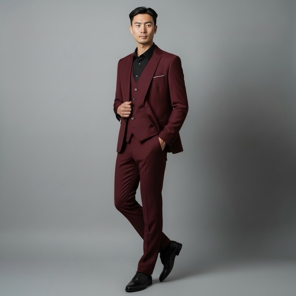 Vtg Men's Burgundy 3 Piece Suit Set Large Old Money Tailored Classic Gala Event